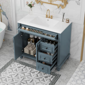 EPOWP 36 in. Single Sink Freestanding Blue Gray Bath Vanity with White Ceramic Top and 4 Drawers Storage Cabinet Unassembled