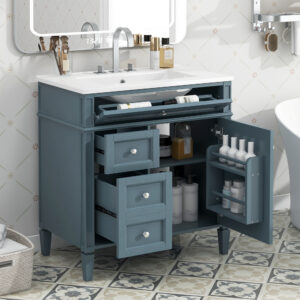 EPOWP 30 in. W x 18.3 in. D x 33.8 in. H Single Sink Freestanding Bath Vanity in Blue with White Ceramic Top and Cabinet