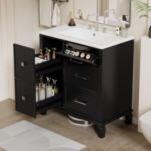 EPOWP 30 in. Single Sink Freestanding Black Bath Vanity with White Ceramic Top and 5 Drawer Storage Cabinet Unassembled