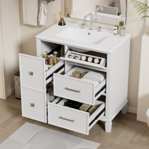 EPOWP 30 in. Single Sink Freestanding White Bath Vanity with White Ceramic Top and 5 Drawer Storage Cabinet Unassembled