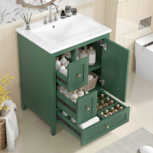 EPOWP 24 in. Single Sink Freestanding Dark Green Bath Vanity with White Ceramic Top and 3 Drawer Storage Cabinet Unassembled