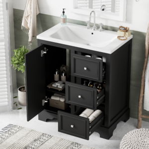 EPOWP 26.96 in. W x 18.46 in. D x 33.7 in. H Single Sink Freestanding Bath Vanity in Black with White Ceramic Top and Storage