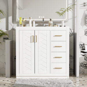 EPOWP 36 in. W x 18.3 in. D x 33.7 in. H Single Sink Freestanding Bath Vanity in White with White Ceramic Top and Cabinet