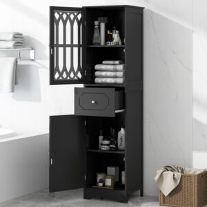 EPOWP 16.5 in. W x 14.2 in. D x 63.8 in. H Freestanding Tall Storage Linen Cabinet with Adjustable Shelves and Drawer in Black