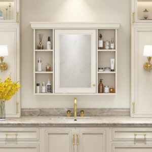 EPOWP 35.5 in. W x 28.74 in. H Rectangular MDF Medicine Cabinet with Mirror and Open Shelf in Beige