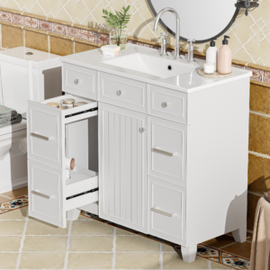EPOWP 36 in. W x 18 in. D x 34.3 in. H Single Sink Freestanding Bath Vanity in White with White Ceramic Top and Cabinet