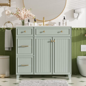 EPOWP 36 in. Single Sink Freestanding Green Bath Vanity with White Ceramic Top and 3 Drawer Storage Cabinet Unassembled