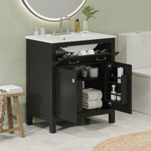 EPOWP 30 in. Single Sink Freestanding Black Bath Vanity with White Ceramic Top and one Drawer Storage Door Cabinet Unassembled