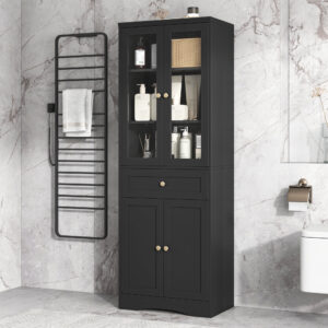 EPOWP 23.3 in. W x 14.5 in. D x 66.9 in. H Black Tall MDF Freestanding Linen Cabinet with Adjustable Shelves in Black