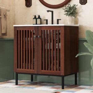 EPOWP 30 in. Single Sink Freestanding Dark Brown Bath Vanity with White Ceramic Top and Fence-Design Door Cabinet Unassembled