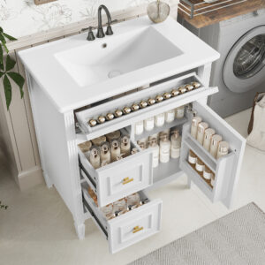 EPOWP 30 in. Single Sink Freestanding White Bath Vanity with White Ceramic Top and Adjustable Shelf Vanity Cabinet Unassembled