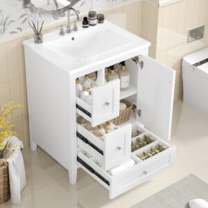 EPOWP 24 in. Single Sink Freestanding White Bath Vanity with White Ceramic Top and 3 Drawer Storage Cabinet Unassembled