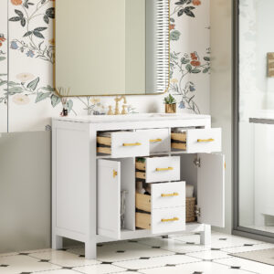 EPOWP 36 in. Single Sink Freestanding White Bath Vanity with White Ceramic Top and 4 Drawers Storage Door Cabinet Unassembled