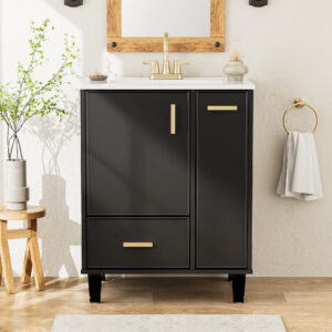 EPOWP 24 in. Single Sink Freestanding Black Bath Vanity with White Ceramic Top and Pull-Out Drawer Storage Cabinet Unassembled