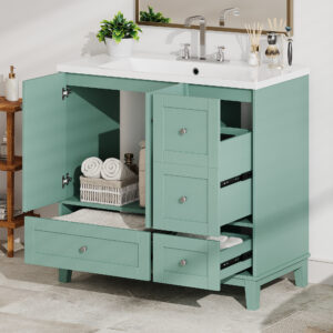 EPOWP 36 in. W x 18 in. D x 34 in. H Single Sink Freestanding Bath Vanity in Green with White Resin Top and Storage