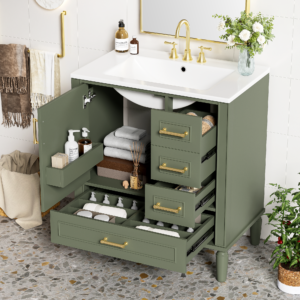 EPOWP 30 in. Single Sink Freestanding Olive Green Bath Vanity with White Ceramic Top and 3 Drawer Storage Cabinet Unassembled