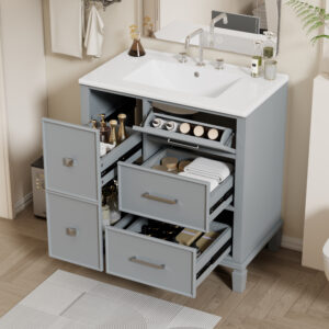 EPOWP 30 in. Single Sink Freestanding Gray Bath Vanity with White Ceramic Top and 5 Drawer Storage Cabinet Unassembled
