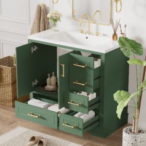 EPOWP 36 in. W x 18 in. D x 34 in. H Single Sink Freestanding Bath Vanity in Green with White Resin Top and 4 Drawer