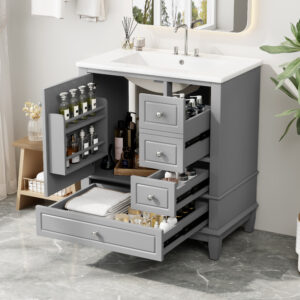 EPOWP 30 in. Single Sink Freestanding Grey Bath Vanity with White Ceramic Top and 3 Drawer Storage Cabinet Unassembled