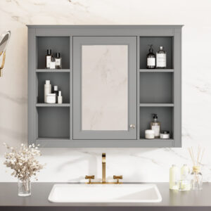 EPOWP 35.03 in. W x 27.5 in. H Rectangular MDF Medicine Cabinet with Mirror and Open Shelf in Gray