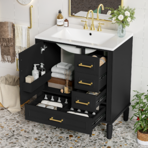 EPOWP 30 in. W x 18.3 in. D x 34 in. H Single Sink Freestanding Bath Vanity in Black with White Ceramic Top and Cabinet