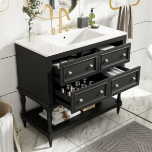 EPOWP 36 in. Single Sink Freestanding Black Bath Vanity with White Ceramic Top, 4 Drawers and Open Storage Shelf Unassembled