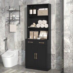 EPOWP 25.9 in. W x 11 in. D x 70 in. H Black Tall MDF Freestanding Linen Cabinet with Adjustable Shelves in Black