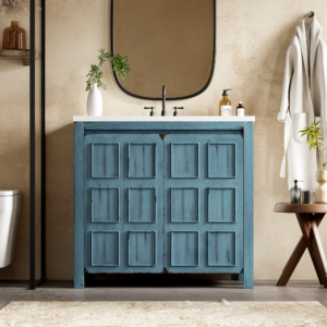 EPOWP 36 in. W x 18 in. D x 34 in. H Single Sink Freestanding Bath Vanity in Blue with White Resin Top and Storage Cabinet