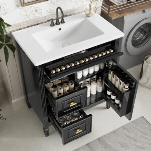 EPOWP 30 in. Single Sink Freestanding Black Bath Vanity with White Ceramic Top and Adjustable Shelf Vanity Cabinet Unassembled