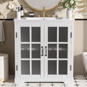 EPOWP 30 in. Single Sink Freestanding White Bath Vanity with White Ceramic Top and 2 Glass Door and Adjustable Shelf Assembled