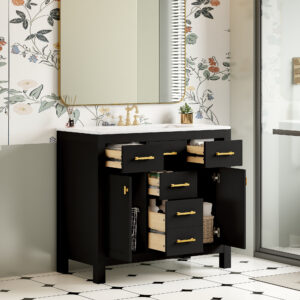 EPOWP 36 in. Single Sink Freestanding Black Bath Vanity with White Ceramic Top and 4 Drawers Storage Door Cabinet Unassembled