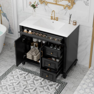 EPOWP 36 in. Single Sink Freestanding Black Bath Vanity with Black Ceramic Top and 4 Drawers Storage Door Cabinet Unassembled
