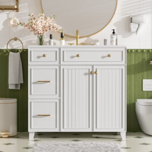 EPOWP 36 in. Single Sink Freestanding White Bath Vanity with White Ceramic Top and 3 Drawer Storage Cabinet Unassembled