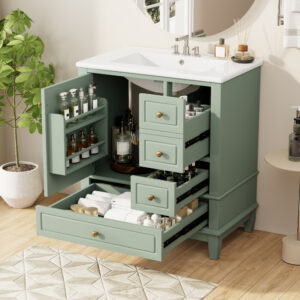 EPOWP 30 in. Single Sink Freestanding Light Green Bath Vanity with White Ceramic Top and 3 Drawer Storage Cabinet Unassembled