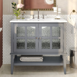 EPOWP 36 in. Single Sink Freestanding Gray Bath Vanity with White Ceramic Top and 2 Glass Door and Open Shelf Assembled