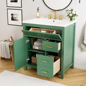 EPOWP 30 in. W x 18.3 in. D x 33.6 in. H Single Sink Freestanding Bath Vanity in Green with White Ceramic Top and Storage