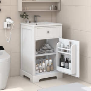 EPOWP 20 in. W x 18 in. D x 34 in. H Single Sink Freestanding Bath Vanity in White with White Ceramic Top and Storage Cabinet