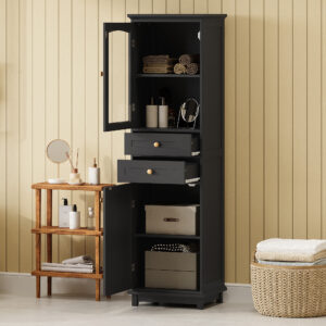 EPOWP 17.76 in. W x 14.21 in. D x 63 in. H Freestanding Tall Storage Linen Cabinet with Adjustable Shelves and Drawer in Black
