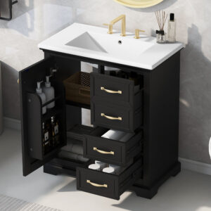 EPOWP 30 in. W x 18.3 in. D x 34 in. H Single Sink Freestanding Bath Vanity in Black with White Ceramic Top and Storage