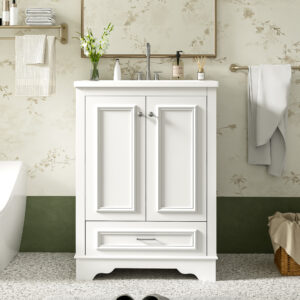 EPOWP 24 in. Single Sink Freestanding Black Bath Vanity with White Ceramic Top and One Drawer Storage Door Cabinet Unassembled