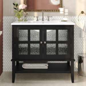 EPOWP 36 in. Single Sink Freestanding Black Bath Vanity with White Ceramic Top and 2 Glass Door and Open Shelf Assembled